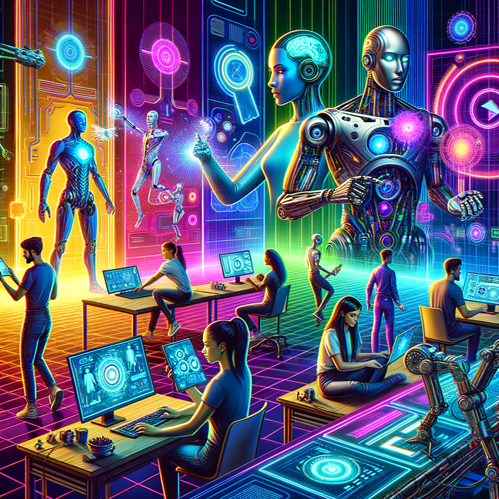 'How an Automation Agency Can Transform Your Business' in both aesthetic and message. The composition should depict a dynamic and futuristic scene showcasing human characters interacting seamlessly with AI technology in a collaborative or transformative environment. Include high-tech elements such as holographic interfaces, robotic assistants, or automated machinery, designed to reflect the theme of the article. The human characters should be stylized with a cyberpunk or modern industrial-tech aesthetic, emphasizing collaboration, innovation, or the impact of AI. Use a vibrant but limited color palette dominated by neon blue, electric purple, and metallic silver, with contrasting accents like bright orange or green. Ensure the setting conveys a bold, visually striking atmosphere optimized for a black background, avoiding realistic photography. Aim for a sleek, industrial-tech aesthetic that aligns with modern AI and automation themes. No text or logos.